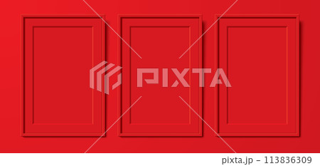 3 red blank poster frames hanging on the wall background, vector mockup. 3 red blank poster frames hanging on the wall background, vector mockup. 113836309