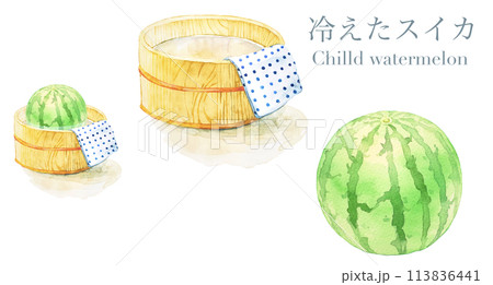 冷たい水の桶に入ったスイカの水彩イラストセット 冷たい水の桶に入ったスイカの水彩イラストセット 113836441