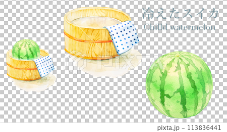 冷たい水の桶に入ったスイカの水彩イラストセット 冷たい水の桶に入ったスイカの水彩イラストセット 113836441