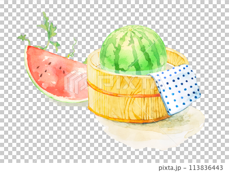 冷たい水の桶に入ったスイカの水彩イラスト 冷たい水の桶に入ったスイカの水彩イラスト 113836443