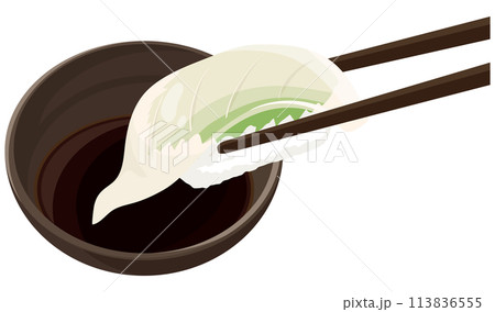 イカの寿司を醤油につける 113836555