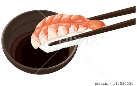 エビの寿司を醤油につける 113836556