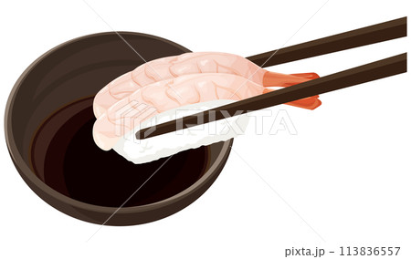 甘エビの寿司を醤油につける 113836557