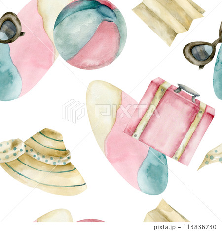 Retro travelling watercolor seamless pattern with ball, colorful vintage surf, pink luggage, sunglasses and sun hat. BAckground for summer textile, tourist booklet, travelling guide design Retro travelling watercolor seamless pattern with ball, colorful vintage surf, pink luggage, sunglasses and sun hat. BAckground for summer textile, tourist booklet, travelling guide design 113836730