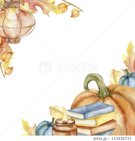 Cozy autumn frame with orange leaves, pumpkin , books, candle and hanging lamp. Fall season banner for thanksgiving festival, harvest decoration Cozy autumn frame with orange leaves, pumpkin , books, candle and hanging lamp. Fall season banner for thanksgiving festival, harvest decoration 113836731
