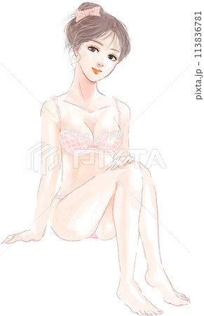 笑顔で座るゆるふわセクシー美女の全身イラスト 113836781
