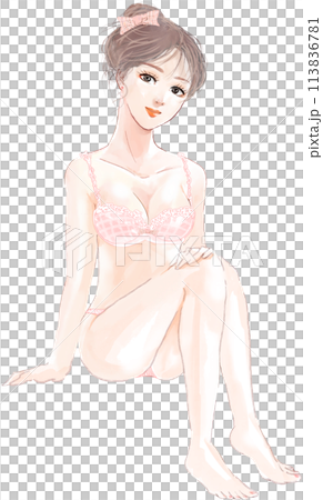 一個毛茸茸的性感美女微笑著坐著的全身插圖 113836781