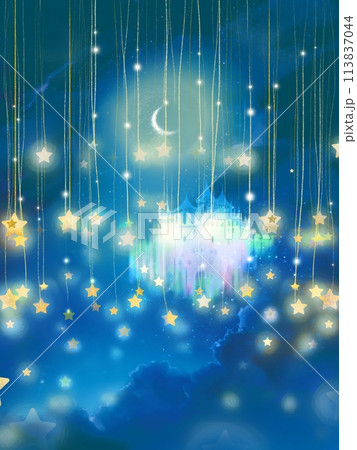 夜空にキラキラ光る絵本のような星々とかわいいパステルカラーのお城のファンタジー背景 夜空にキラキラ光る絵本のような星々とかわいいパステルカラーのお城のファンタジー背景 113837044