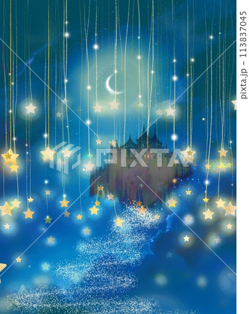 夜空にキラキラ光る絵本のような星々とかわいい御伽話風のお城のファンタジー背景 夜空にキラキラ光る絵本のような星々とかわいい御伽話風のお城のファンタジー背景 113837045