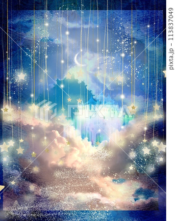 夜空にキラキラ光る絵本のような星々とかわいいパステルカラーのお城のファンタジー背景 113837049