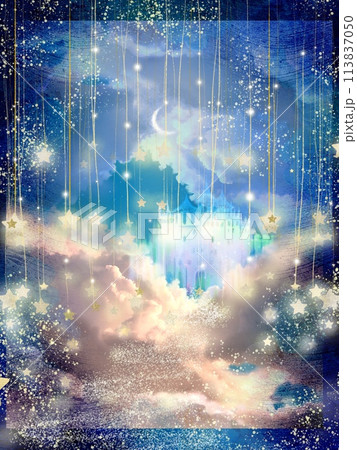 夜空にキラキラ光る絵本のような星々とかわいいパステルカラーのお城のファンタジー背景 夜空にキラキラ光る絵本のような星々とかわいいパステルカラーのお城のファンタジー背景 113837050