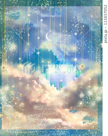 夜空にキラキラ光る絵本のような星々とかわいいパステルカラーのお城のファンタジー背景 113837052