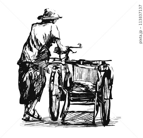 Drawing of a rickshaw driver on the street in Myanmar Drawing of a rickshaw driver on the street in Myanmar 113837137