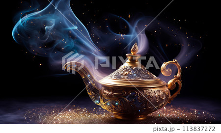 Aladdins mysterious lamp with glowing fire and smoke on a dark magical background 113837272