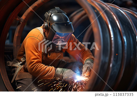 Faceless welder works at an industrial pipeline close-up 113837335