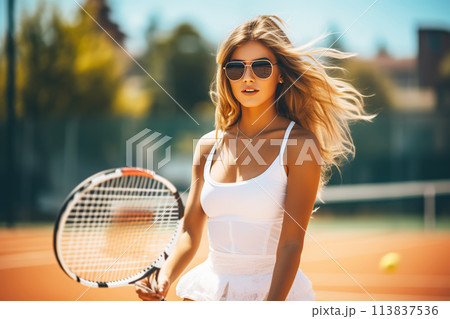 Female tennis player playing tennis on sunny orange tennis court Female tennis player playing tennis on sunny orange tennis court 113837536