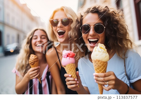 Happy young female friends eating ice cream in the city 113837577