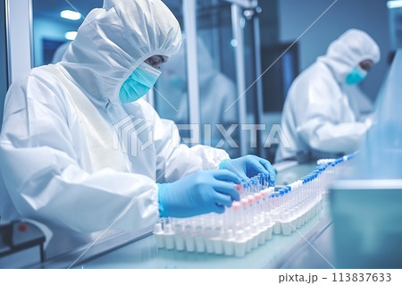 Female scientists in protective clothing work with bio and chemical samples in test tubes in a modern laboratory 113837633