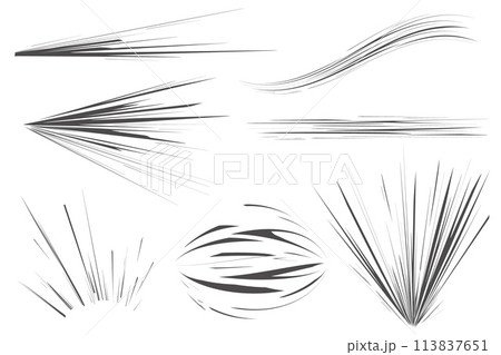 Manga speed lines effect. Vector comic motion elements. Action graphic flash burst and explosive boom isolated on white background. Abstract graphic illustration. 113837651