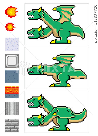 ゲーム風ドット絵　ドラゴンのモーションセット 113837720