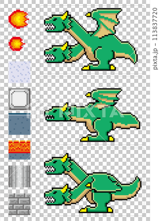 ゲーム風ドット絵　ドラゴンのモーションセット 113837720