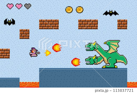 横スクロールゲーム風ドット絵　ドラゴンと魔法使い 113837721