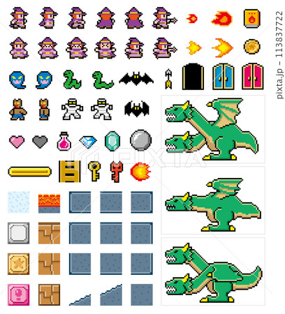 横スクロールゲーム風ドット絵　魔法使いセット 113837722
