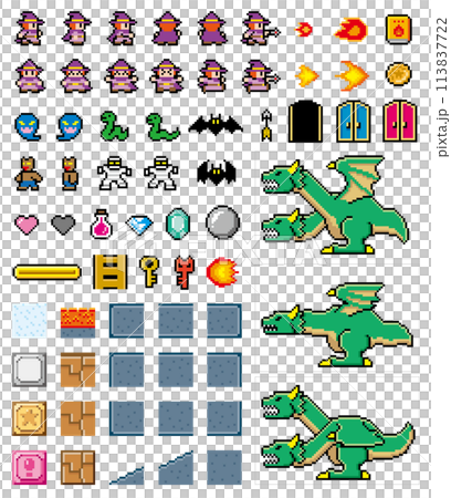 横スクロールゲーム風ドット絵 魔法使いセットのイラスト素材