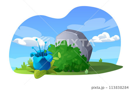 Vector landscape with fantastic flowers and a blue sky background. Vector landscape with fantastic flowers and a blue sky background. 113838284