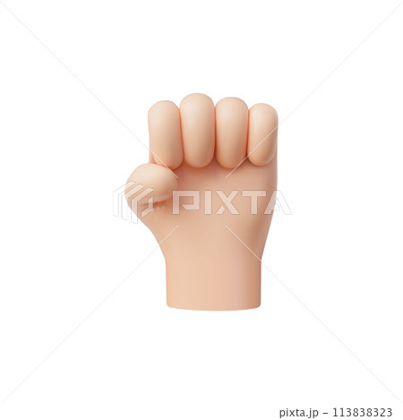 Hand fist gesture 3D vector, fight or protest symbol, greeting human clenched arm, strength or support emoji icon 113838323