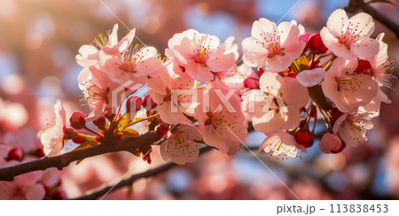 A branch of pink flowers is shown in the sunlight  AI-generated item 113838453