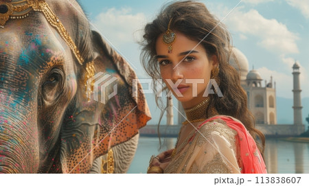 collage of Indian woman and Taj Mahal 113838607