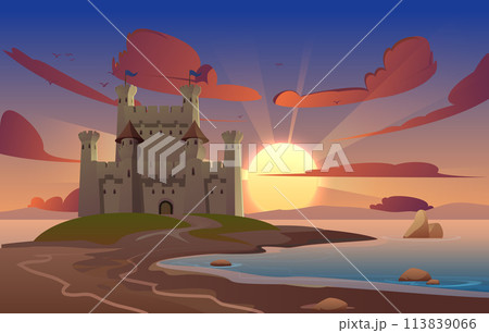Sunrise or sunset landscape of medieval kingdom vector illustration, road to castle on the river shore, stone palace 113839066
