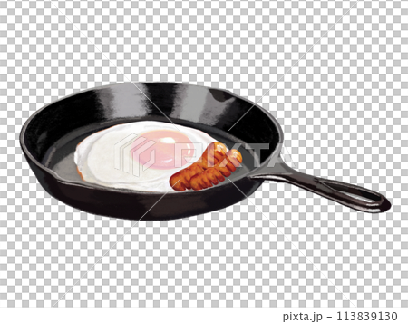 Fried egg and sausage (with skillet) 113839130