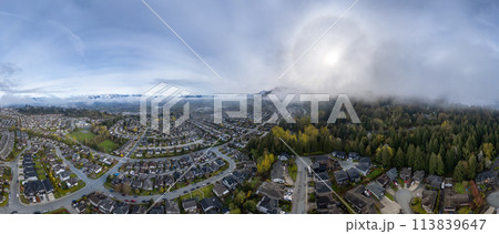 Aerial View of Residential Homes in Chilliwack. Cloudy and Foggy Morning. 113839647
