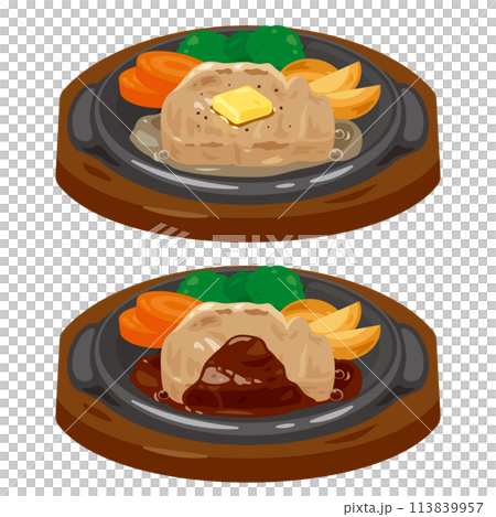 Pork steak served on a hot plate 113839957