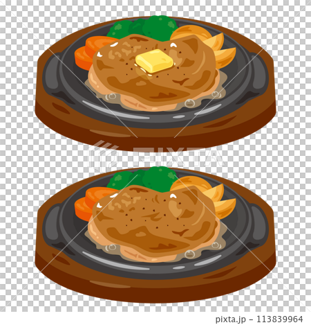 鉄板に盛られたチキンステーキ 鉄板に盛られたチキンステーキ 113839964