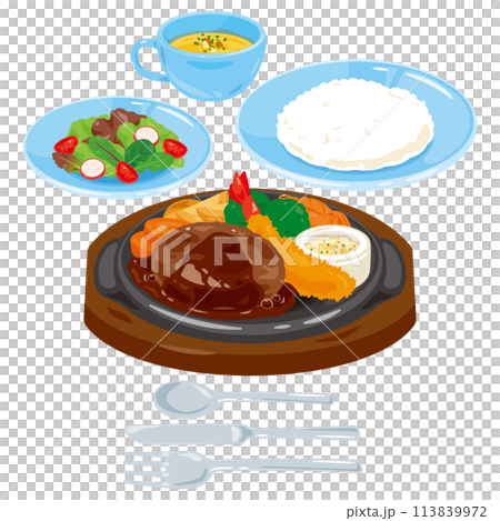 Hamburg steak and fried shrimp lunch set Hamburg steak and fried shrimp lunch set 113839972