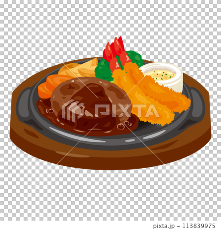 Hamburg steak and fried shrimp served on a hot plate 113839975