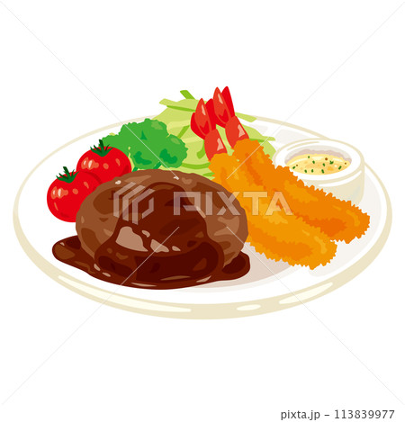 皿に盛られたハンバーグとエビフライ 皿に盛られたハンバーグとエビフライ 113839977