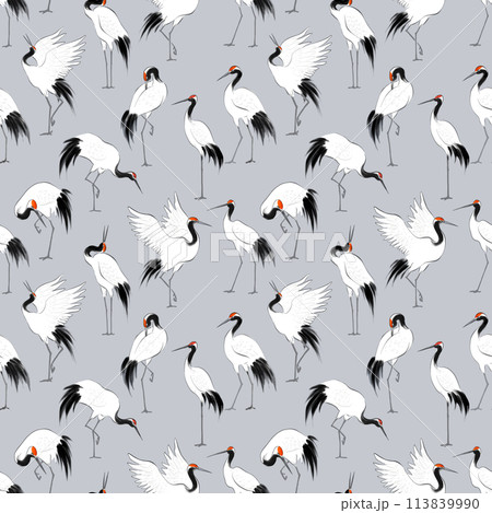 Seamless pattern with red-crowned japanese cranes in oriental style. Can be used for wallpaper, pattern fills, textile, web page background, surface textures. Seamless pattern with red-crowned japanese cranes in oriental style. Can be used for wallpaper, pattern fills, textile, web page background, surface textures. 113839990