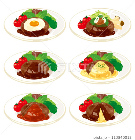 皿に盛られた色々なハンバーグセット 皿に盛られた色々なハンバーグセット 113840012