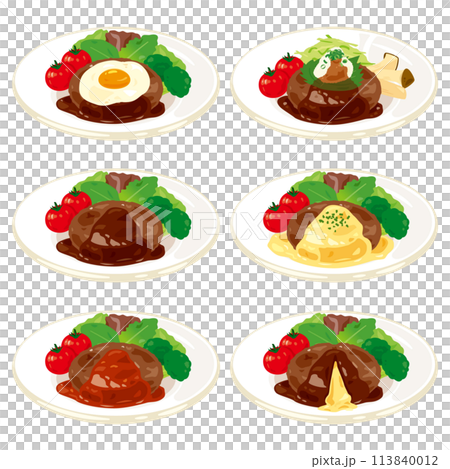 皿に盛られた色々なハンバーグセット 皿に盛られた色々なハンバーグセット 113840012