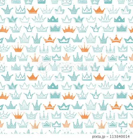 Seamless backrgound with green and orange doodle crowns. Can be used for wallpaper, pattern fills, textile, web page background, surface textures. 113840014