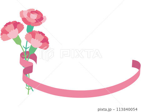 母の日のカーネーションとピンクリボンのフレームイラスト（文字なし） 113840054