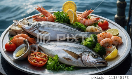 Variety of fresh luxury seafood. Fresh fish and seafood 113840178