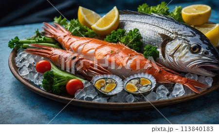 Variety of fresh luxury seafood. Fresh fish and seafood 113840183