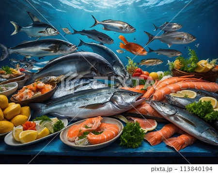 Variety of fresh luxury seafood. Fresh fish and seafood Variety of fresh luxury seafood. Fresh fish and seafood 113840194