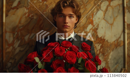 handsome man with a bouquet of roses 113840502