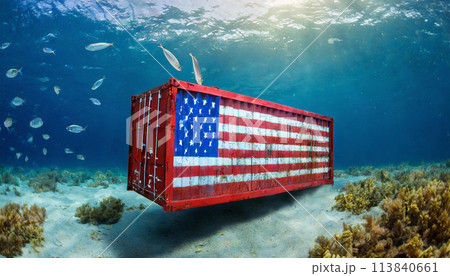 The container has symbols of the flag of the United States America  was lost and submerged underwater 113840661